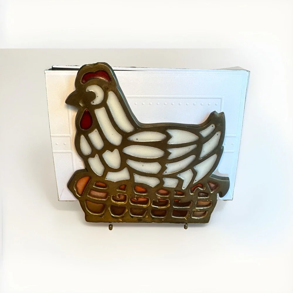 Vintage Chicken Hen Stained Glass Brass Napkin Holder Letter Coaster Holder
